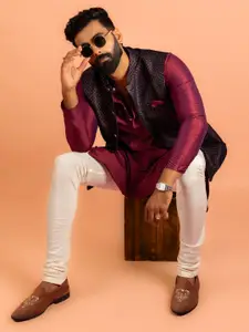 KISAH Men Textured Regular Fit Geometric Pattern Kurta Jacket Churidar Set