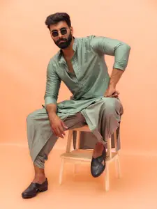 KISAH Men Mirror Work Embroidered Regular Fit Abstract Print Kurta Dhoti Set