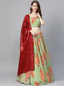 SHOPGARB Printed Sequinned Semi-Stitched Lehenga & Unstitched Blouse With Dupatta
