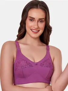 MAROON Floral Full Coverage Non-Padded Non-Wired Lace T-Shirt Bra
