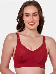MAROON Floral Full Coverage Non-Padded Non-Wired Lace T-Shirt Bra