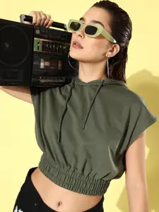 The Roadster Life Co. Olive Green Winter Discotheque Hooded Crop Sweatshirt