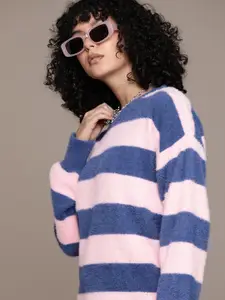 The Roadster Lifestyle Co. Faux-Fur Detail Striped Pullover