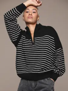 The Roadster Lifestyle Co. Mock Collar Drop-Full Sleeves Striped Pullover