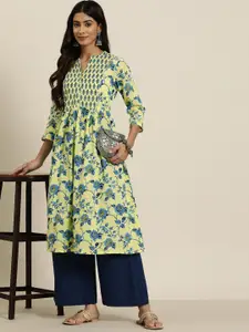 HERE&NOW Pure Cotton Floral Printed Pleated A-Line Kurta