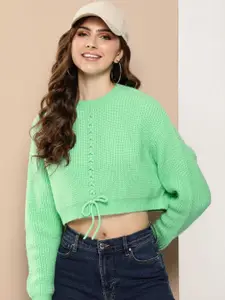 HERE&NOW Full Sleeves Ribbed Crop Pullover Sweaters