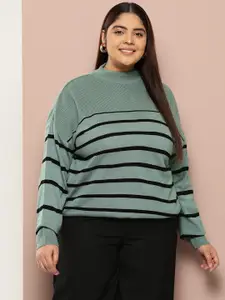 Sztori Plus Size Horizontally Striped Round-Neck Acrylic Pullover