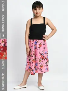 IndiWeaves Girls Pack Of 3 Floral Printed Crepe Midi Flared Skirts