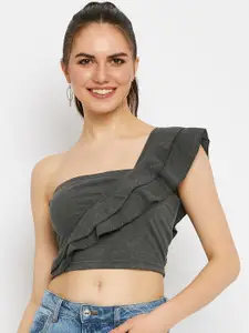 BRINNS One Shoulder Ruffled Pure Cotton Fitted Crop Top