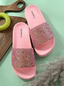 DressBerry Women Pink And Green Embellished Sliders