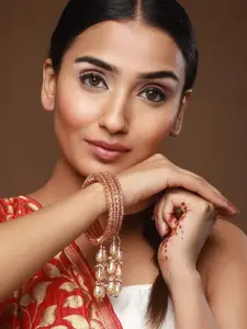 Anouk Set Of 4 Rose Gold-Plated Crystal-Studded & Pearl Beaded Bangles