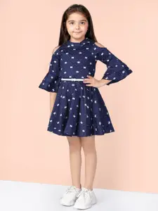 Naughty Ninos Girls Printed Bell Sleeve Pure Cotton Fit & Flare Dress With Belt