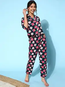 I like me Black & Pink Floral Printed Pure Cotton Night Suit