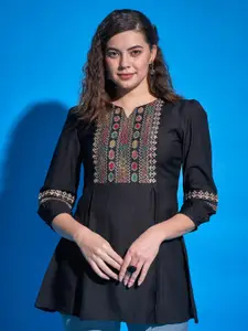 Sangria Black Ethnic Motif Embroidered A-Line Top