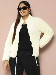 Sztori Plus Size Mock Collar Faux Fur Front-Open Sweatshirt