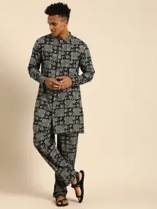 Sangria Men Black Printed Regular Kurta with Pyjamas