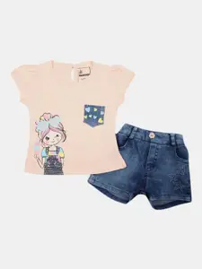V-Mart Girls Printed Pure Cotton Top with Denim Shorts
