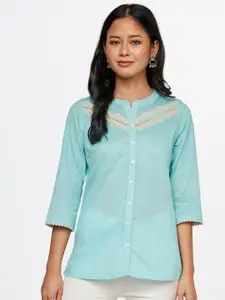 Global Desi Self Design Mandarin Collar Pure Cotton Top