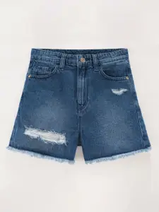 edheads Girls Mid-Rise Distressed Cotton Denim Shorts