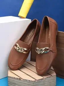 DressBerry Women tan Brown And Gold-Toned Embellished Leather Loafers