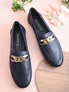 DressBerry Women Navy Blue And Gold-Toned Embellished Leather Loafers