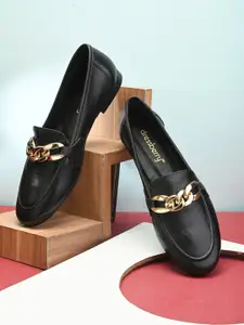 DressBerry Women Black And Gold-Toned Embellished Leather Loafers