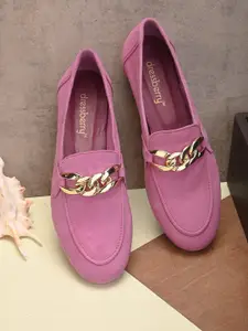 DressBerry Women Pink And Gold-Toned Embellished Leather Loafers