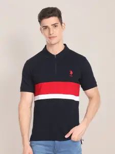 U.S. Polo Assn. Colourblocked Polo Collar Pure Cotton Slim Fit T-shirt