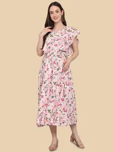Dream Beauty Fashion Floral Printed Flutter Sleeve Maternity & Feeding Midi Dress