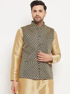 VASTRAMAY Woven Design Mandarin Collar Sleeveless Nehru Jacket