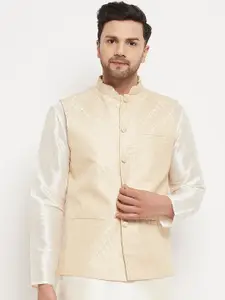 VASTRAMAY Woven Design Mandarin Collar Sleeveless Nehru Jacket