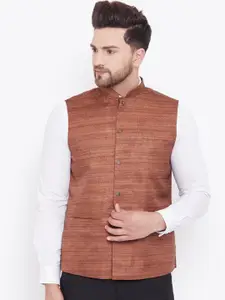 VASTRAMAY Woven Design Mandarin Collar Sleeveless Nehru Jacket