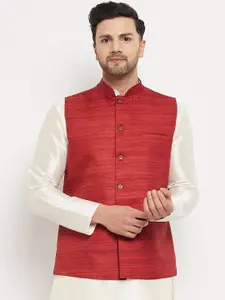 VASTRAMAY Woven Design Mandarin Collar Sleeveless Nehru Jacket