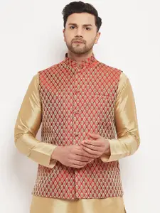 VASTRAMAY Woven Design Mandarin Collar Sleeveless Nehru Jacket