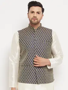 VASTRAMAY Woven Design Mandarin Collar Sleeveless Nehru Jacket