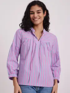Pink Fort Striped Tie-up Neck Cuff Sleeves Pure Cotton Top