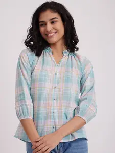 Pink Fort Checked Mandarin Collar Pure Cotton Shirt Style Top
