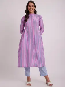 Pink Fort Striped Pleated A-Line Band Collar A-Line Cotton Kurta