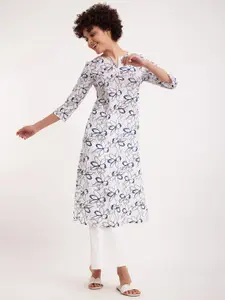 Pink Fort Floral Printed Notched Neck A-Line Cotton Kurta