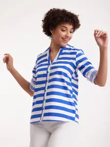 Pink Fort Striped Mandarin Collar Cotton Shirt Style Top