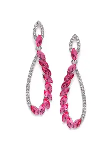 DressBerry Silver-Plated And Pink Artificial Stones Contemporary Drop Earrings