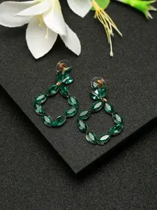 DressBerry Gold-Plated Green Contemporary Stone Studded Drop Earrings
