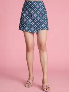 20Dresses Women Blue, White And Peach Geometric Printed High Waist Mini A-Line Skirts