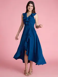 20Dresses Blue Ruffled Detail High-Low Fit & Flare Midi Dress