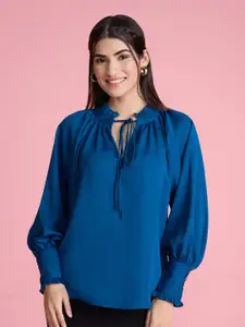 20Dresses Teal Tie-Up Neck Cuffed Sleeves Ruffled Crepe Top