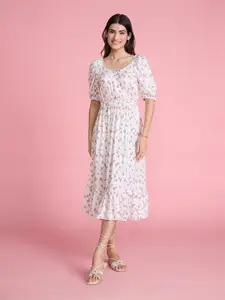 20Dresses Floral Printed Puff Sleeves Pure Cotton Fit & Flare Midi Dress