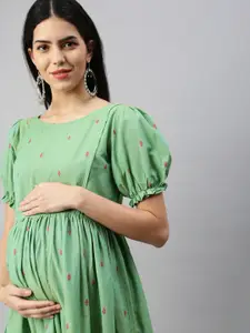 Swishchick Puff Sleeves Embroidered Maternity A-Line Midi Dress
