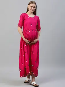 Swishchick Floral Embroidered Maternity A-Line Midi Dress