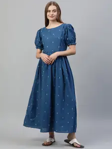 Swishchick Print Puff Sleeve Maternity A-Line Cotton Maxi Dress