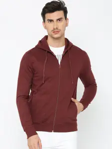 ether Men Maroon Solid Hooded Sweatshirt